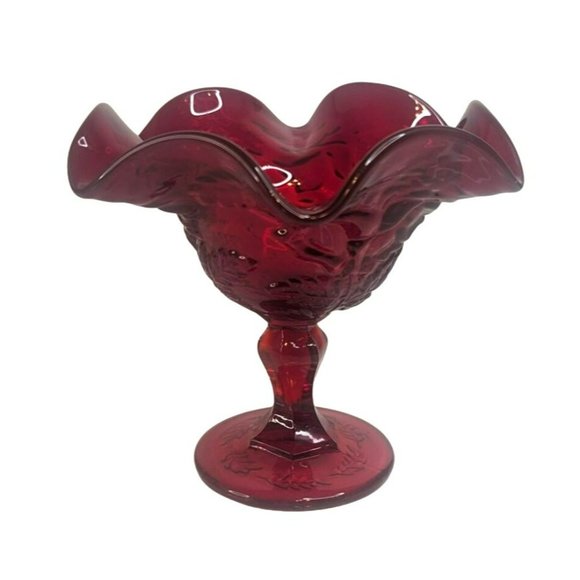 Vintage Ruby Red Glass Ruffled Compote Candy Pedestal Bowl - Picture 2 of 7